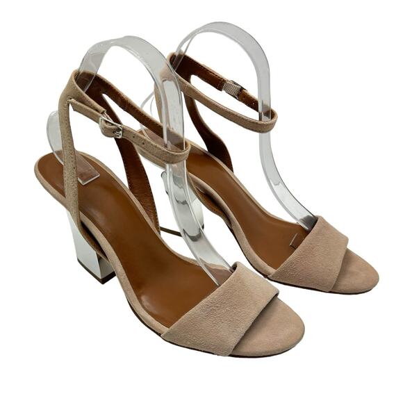 Halston Simi Blush Pink Kid Suede Leather Silver Metallic Block Heel Sandals - Picture 7 of 12